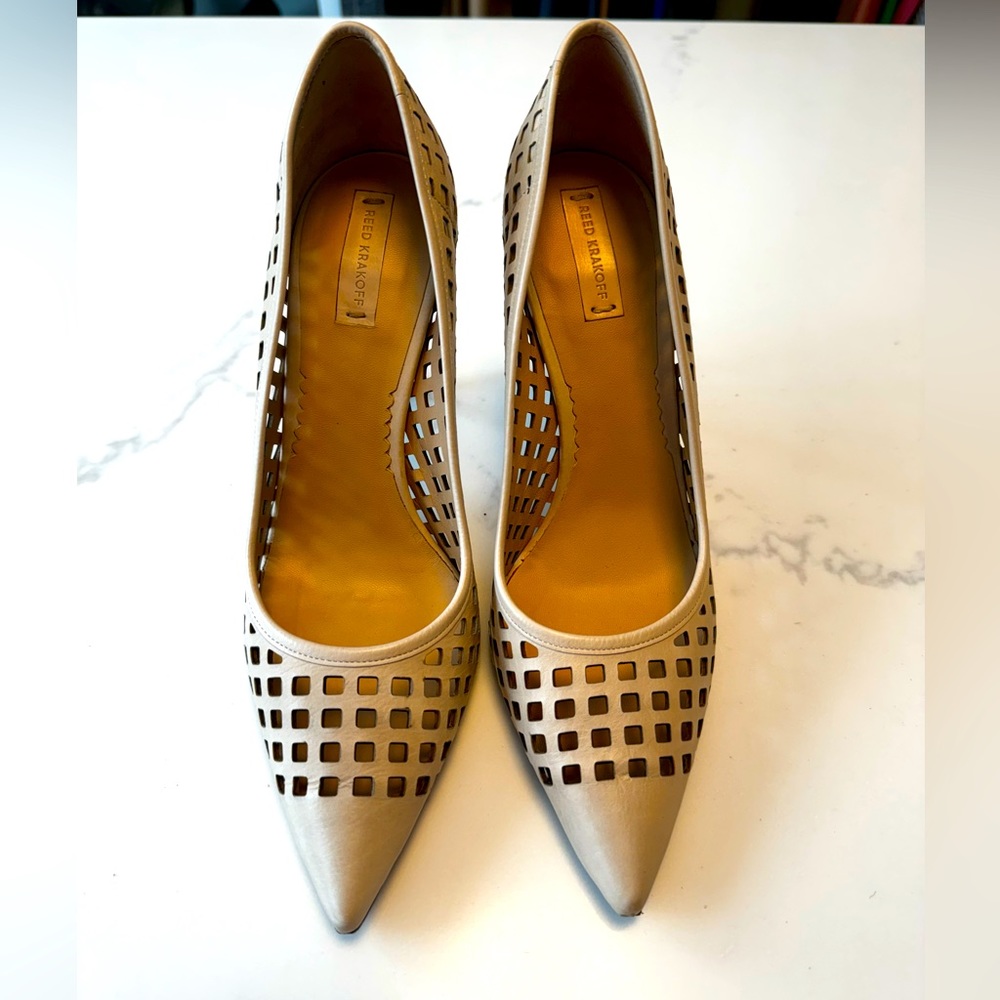 Reed Krakoff laser cut perforated cream heels